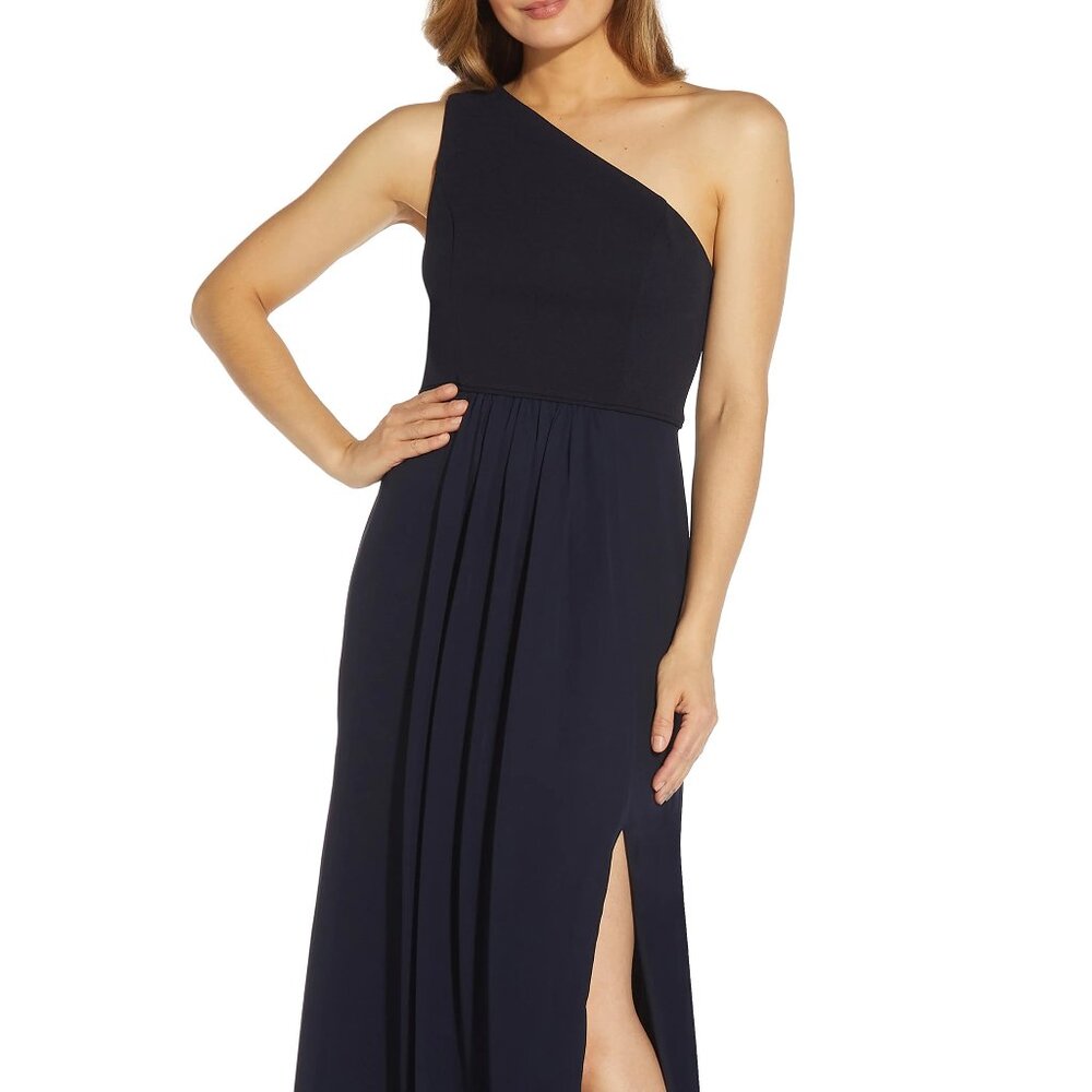 Adrianna Papell One-Shoulder Blue Crepe Chiffon Gown Size 6